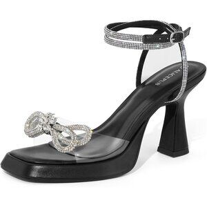 Women Black Bow Heels Platform Clear Strappy 3 Inch Chunky Square Toe Sandal